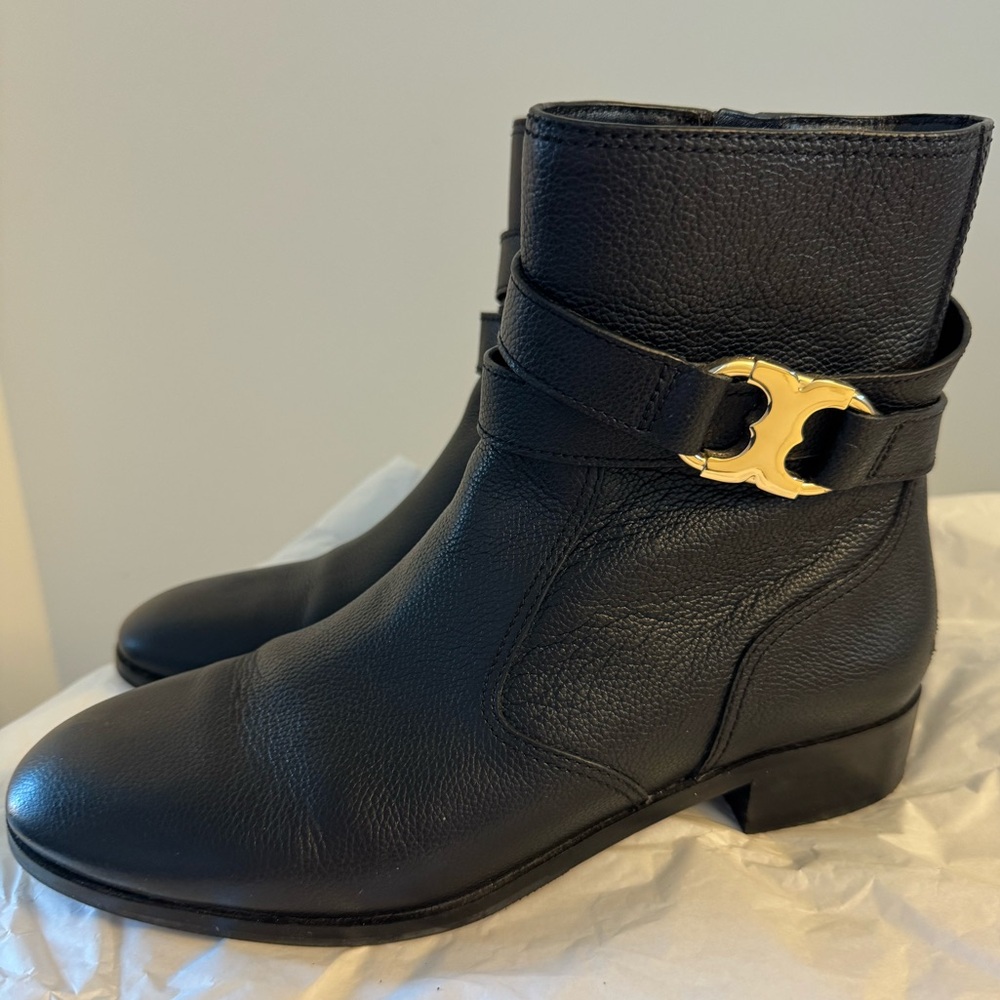 Tory Burch Black Ankle Boots with Gold Accent